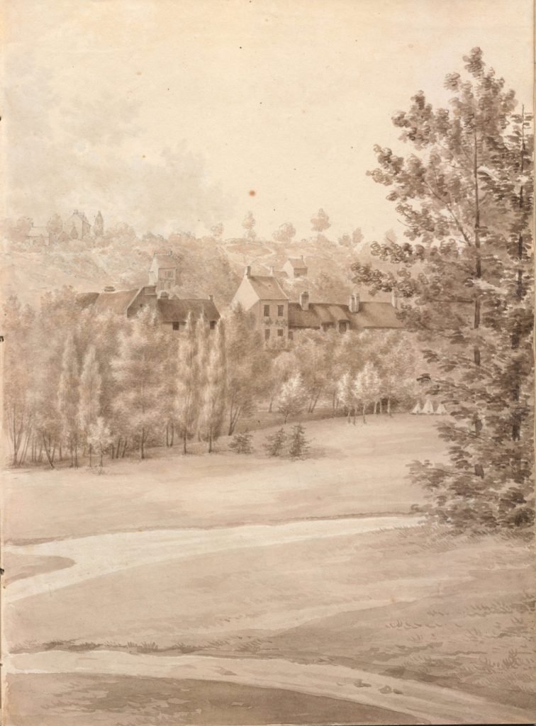 Histoire 5 Vue du village de Jouy pris du parc du Montccel vers 1819 Dessin au lavis d Amelie Mallet Oberkampf